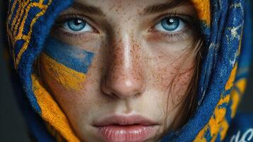 Young woman with blue eyes and Ukrainian flag face paint shows national pride during a sporting event photo