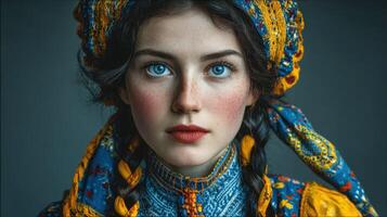 Portrait of young woman in traditional attire showcasing intricate patterns and vibrant colors photo