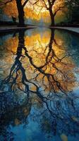 Sunset reflections on still water with tree silhouettes in a tranquil park setting during autumn in the afternoon photo