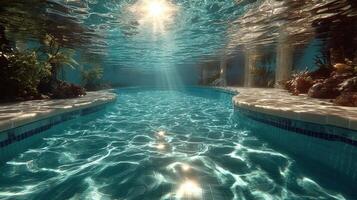 Sunlight filters through water in a serene indoor swimming pool surrounded by lush greenery photo