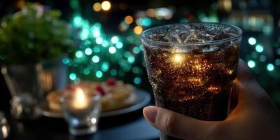 Refreshing drink enhances evening gathering at outdoor dining spot with beautiful bokeh lighting photo