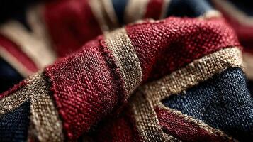 Close-up view of fabric displaying a detailed union jack pattern in rich colors and textures photo