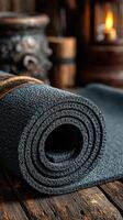 Rolled dark fabric mat on wooden surface with rustic decor and warm lighting in background photo
