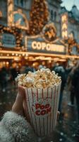 Enjoying delicious popcorn at a festive fair during the winter season in a lively city setting photo