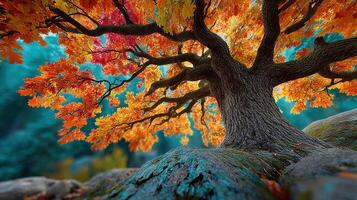 Stunning autumn scenery with vibrant tree branches and colorful leaves in a tranquil outdoor setting photo
