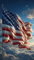 American flag waving majestically against a backdrop of vibrant clouds at sunset photo