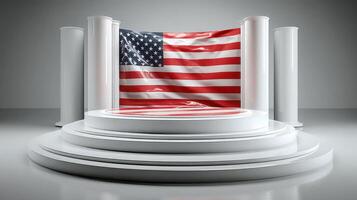 Stage with American flag backdrop in a modern setting for a presentation or event photo