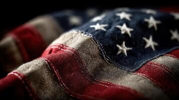 Weathered American flag draped softly on a dark background highlights its rich history and symbolism photo