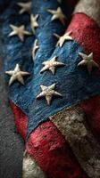Vintage American flag detail showcasing weathered fabric and textured stars in close-up view photo