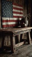 Rustic wooden bench with American flag and pottery in a cozy interior setting photo
