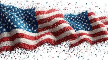 Waving American flags made of vibrant glitter and sparkling stars create a festive atmosphere for a celebration photo