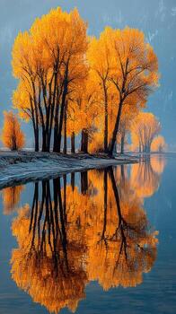 Autumn trees reflect in calm water at dawn creating a peaceful landscape photo
