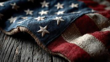 Vintage American flag draped on weathered wooden surface evokes a sense of history and patriotism in a rustic setting photo