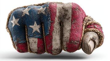 Fist wrapped in ropes and painted with American flag colors symbolizing strength and unity in a bold artistic representation photo