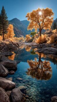Majestic autumn scenery with river reflections and golden trees in a tranquil mountain setting photo