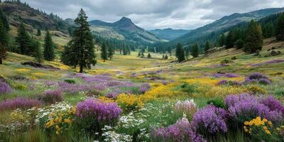 Vibrant wildflower meadow in a tranquil valley surrounded by mountains on a cloudy day photo