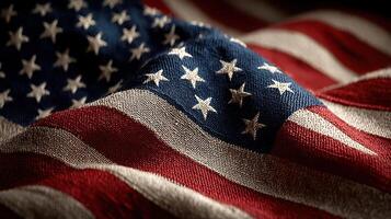 Waving American flag close up during sunset showcasing vibrant colors and fabric texture photo