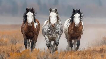 Horses running across a grassy landscape during misty morning in the wild photo
