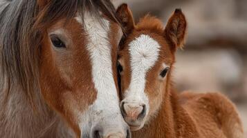 Mother horse and foal cuddle together in a serene natural setting during early morning light photo