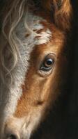 Close-up of a horse's face featuring rich brown and white colors in soft natural light photo