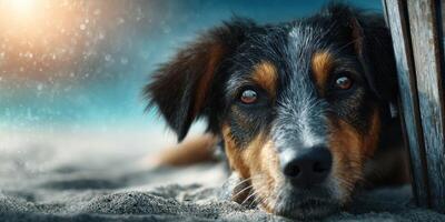 Dog resting peacefully on sandy beach at sunset, enjoying the serene seaside atmosphere photo