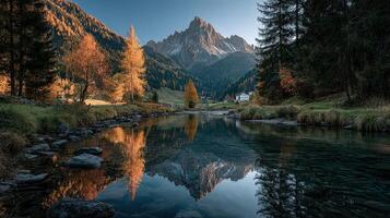 Beautiful autumn landscape with mountains and calm lake reflecting trees in the Dolomites, capturing nature's serene beauty in golden light photo