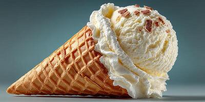 Delicious vanilla ice cream cone with whipped cream and chocolate sprinkles served on a clean background photo
