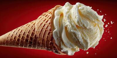 Delicious ice cream cone with creamy vanilla swirl against deep red background photo
