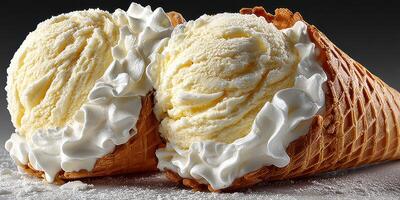 Delicious vanilla ice cream served in crispy cones with whipped cream on top at a summer outdoor event photo