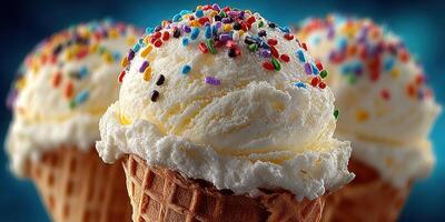 Delicious ice cream cones topped with colorful sprinkles on a summer day photo