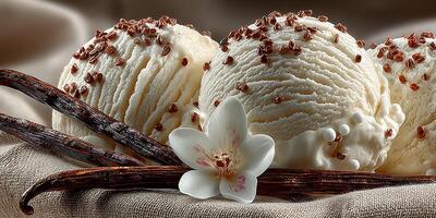 Indulgent vanilla ice cream scoops garnished with chocolate sprinkles and fresh vanilla pods on a textured cloth photo