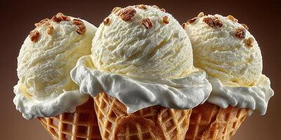 Three delicious ice cream cones topped with whipped cream and crunchy bits in a close-up view photo