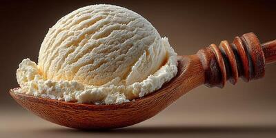 Creamy vanilla ice cream served on a rustic wooden spoon with a smooth texture and enticing appearance photo