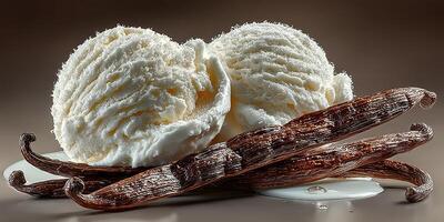 Delicious vanilla ice cream scoops atop aromatic vanilla beans showcasing rich textures and creamy goodness photo
