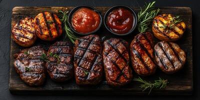 Grilled meat varieties presented on a wooden platter with sauces and fresh herbs in a rustic setting photo