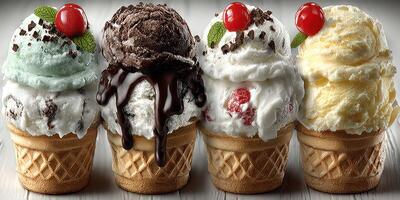 Four delicious ice cream cones featuring various flavors and toppings at a summer gathering photo