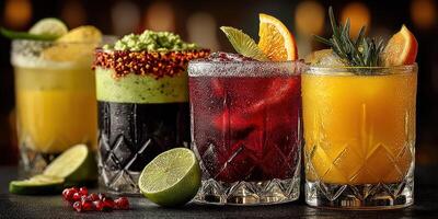 Colorful cocktails arranged elegantly on a dark bar counter showcasing various flavors and garnishes during a lively evening photo