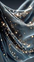 Textile with shimmering sparkles captured in close-up, showcasing elegance and texture under soft lighting photo