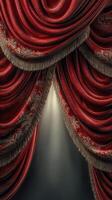 Luxurious red curtains parting to reveal a spotlighted stage setting in an elegant theater interior photo