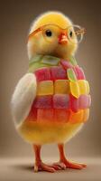 Cute chick wearing glasses and candy costume in a playful and colorful setting photo