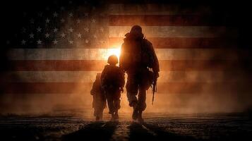 Soldiers walk towards a sunset with an American flag backdrop, symbolizing courage and sacrifice photo