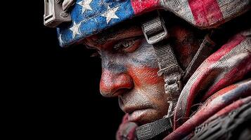 Soldier with American flag face paint prepares for action in a military environment at dusk photo
