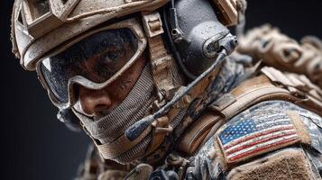 Soldier in tactical gear covered in dirt in a combat environment during an intense military operation photo