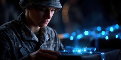 Soldier experiences heartfelt moment while unwrapping holiday gift during evening ceremony in military base photo