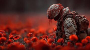 Soldier reflects in a field of red poppies, honoring fallen comrades on a serene day in nature photo