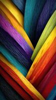 Vibrant strands of textured fabric arranged in a colorful, abstract pattern for artistic display and design inspiration photo