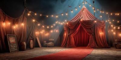 Colorful circus tent with illuminated lights and red carpet during evening festivities photo