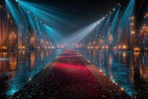 Exclusive event space illuminated by blue and warm lights with a glamorous red carpet at night photo