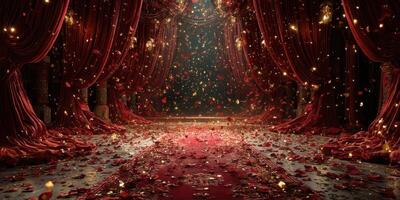 Elegant red rose petal decoration in a grand indoor venue for a romantic event at twilight photo