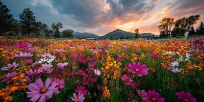 Vibrant wildflower field at sunset with mountains in the background photo